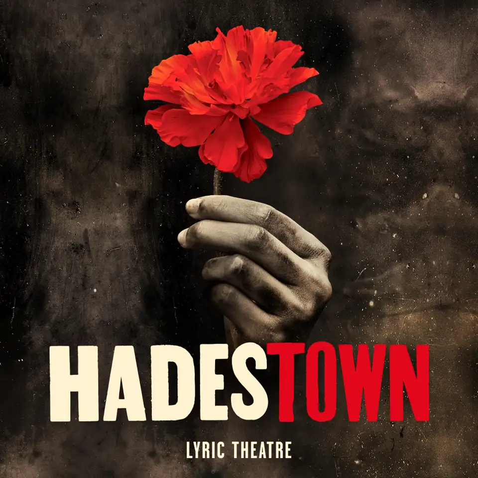 Square red rose Hadestown logo poster, Lyric Theatre