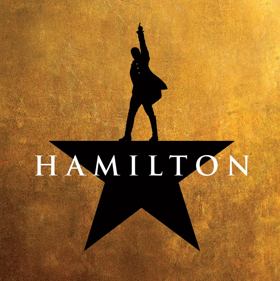 Square Hamilton poster with the star and silhouette logo, Victoria Palace Theatre