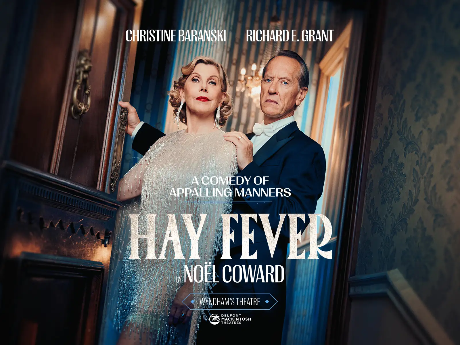 Christine Baranski and Richard E. Grant in formal dress in Hay Fever at Wyndham's Theatre