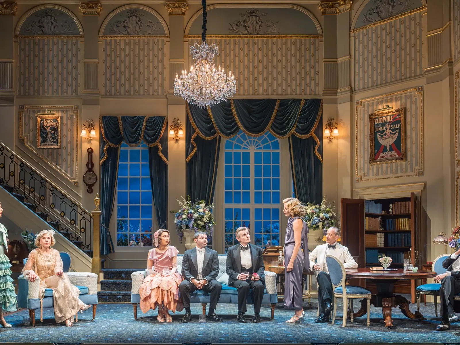 The Blisses and their guests round the blue sofa, Hay Fever, Wyndham's Theatre