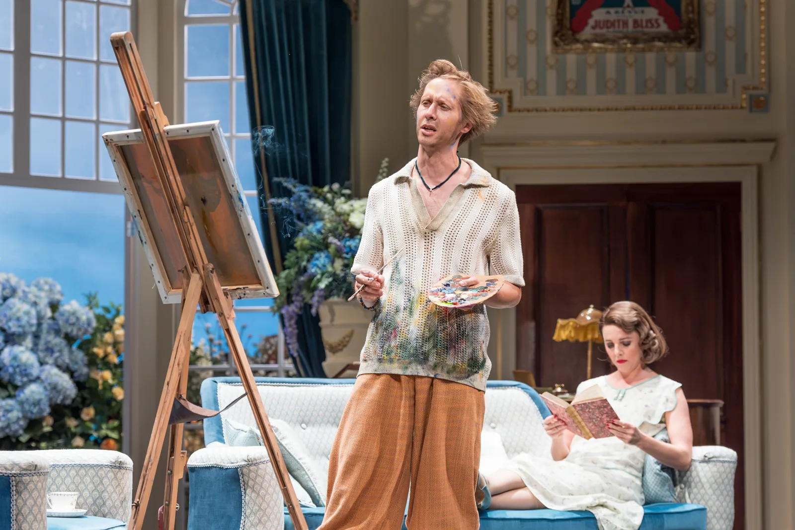Will Close as Simon paints while Ophelia Lovibond as Sorel reads, Wyndham's