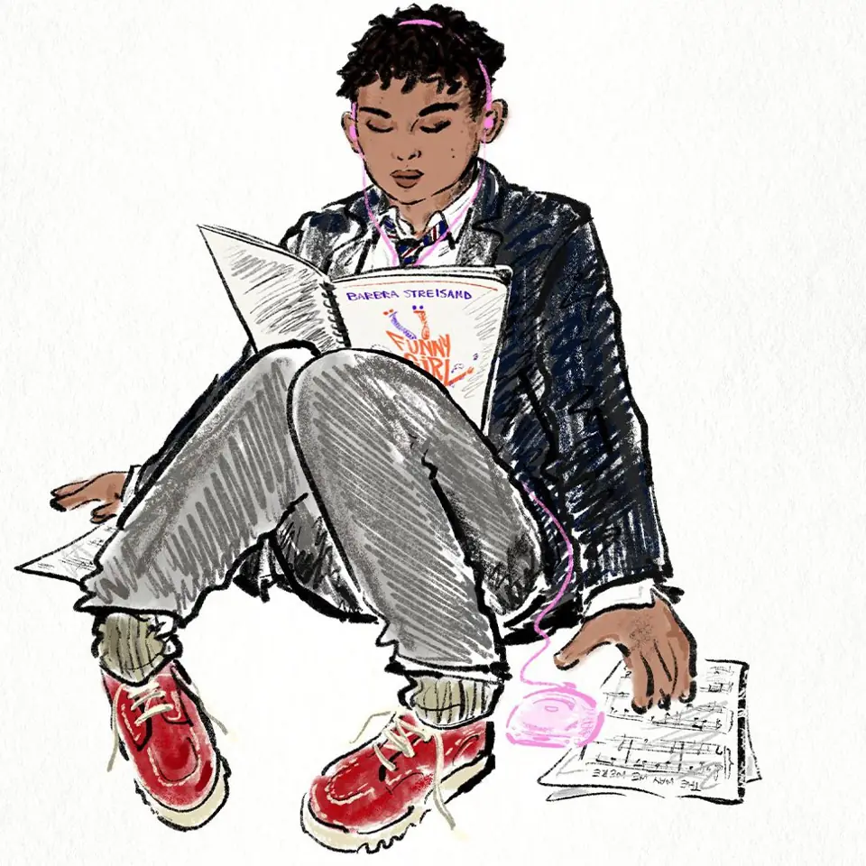 Illustration of a schoolboy in uniform sitting on the floor reading a Funny Girl songbook, Ilford Boy at the Donmar Warehouse