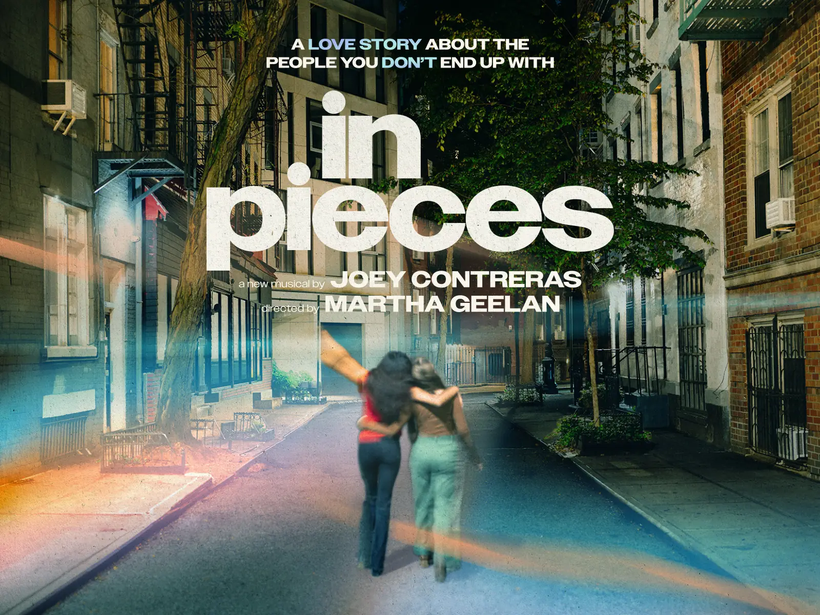 In Pieces poster for The Other Palace showing two figures on a coloured city street.