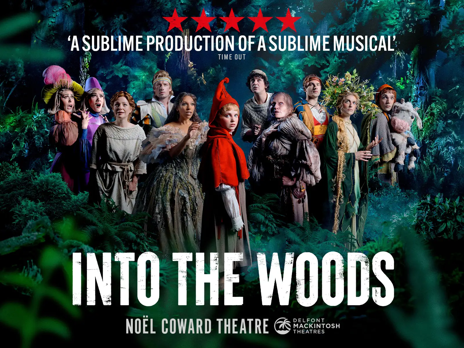 The fairytale characters in a dark forest, Into the Woods, Noël Coward Theatre