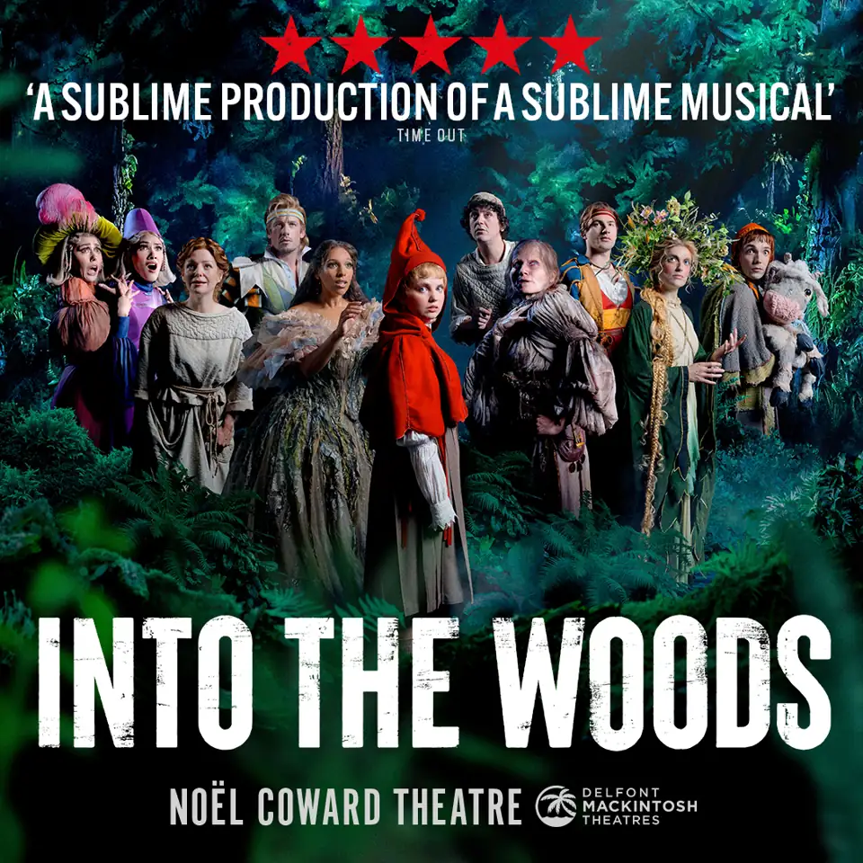 Little Red among the fairytale company, Into the Woods, Noël Coward Theatre