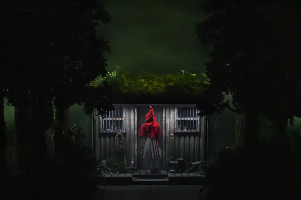 Little Red Ridinghood at the door of Granny's cottage, Into the Woods, Noël Coward Theatre