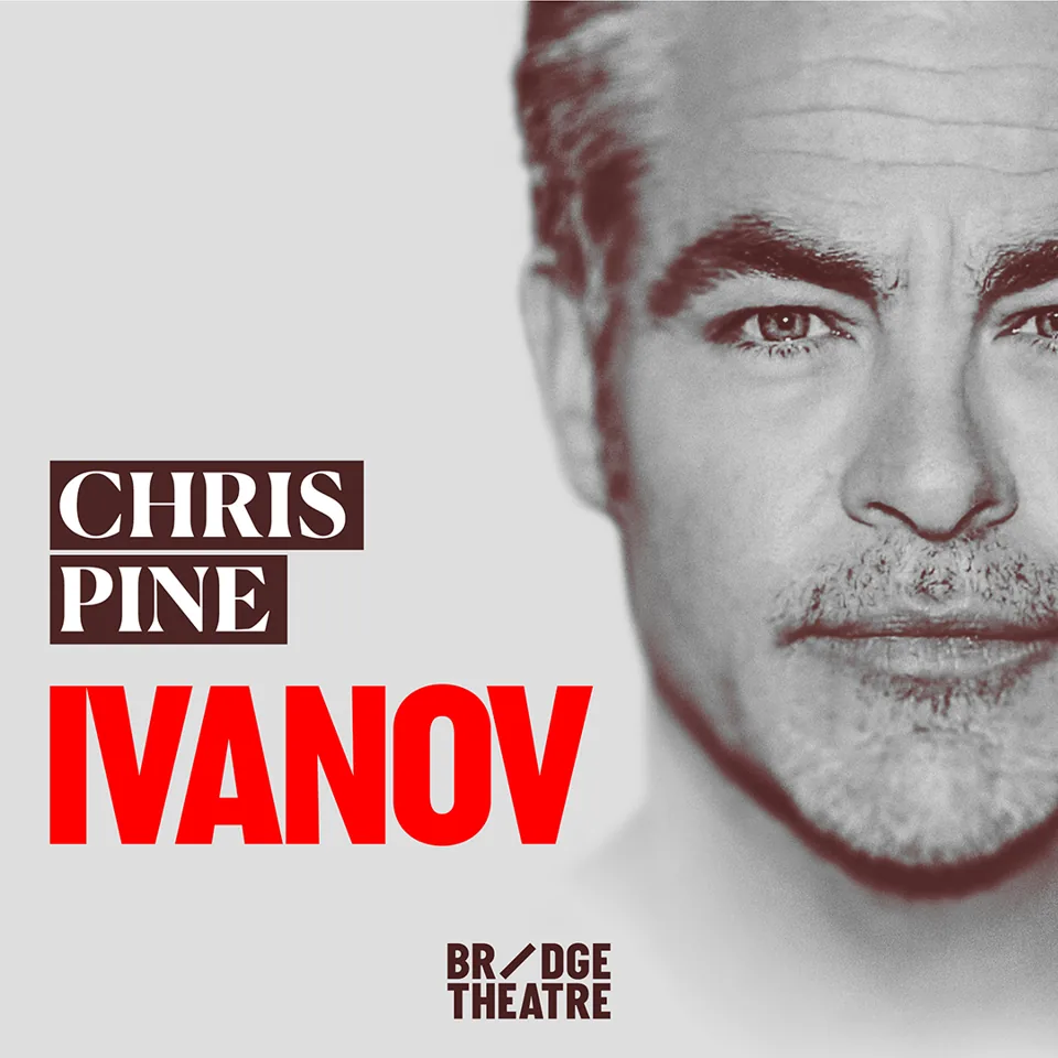 Chris Pine in a grey-toned portrait for Ivanov at the Bridge Theatre, London.