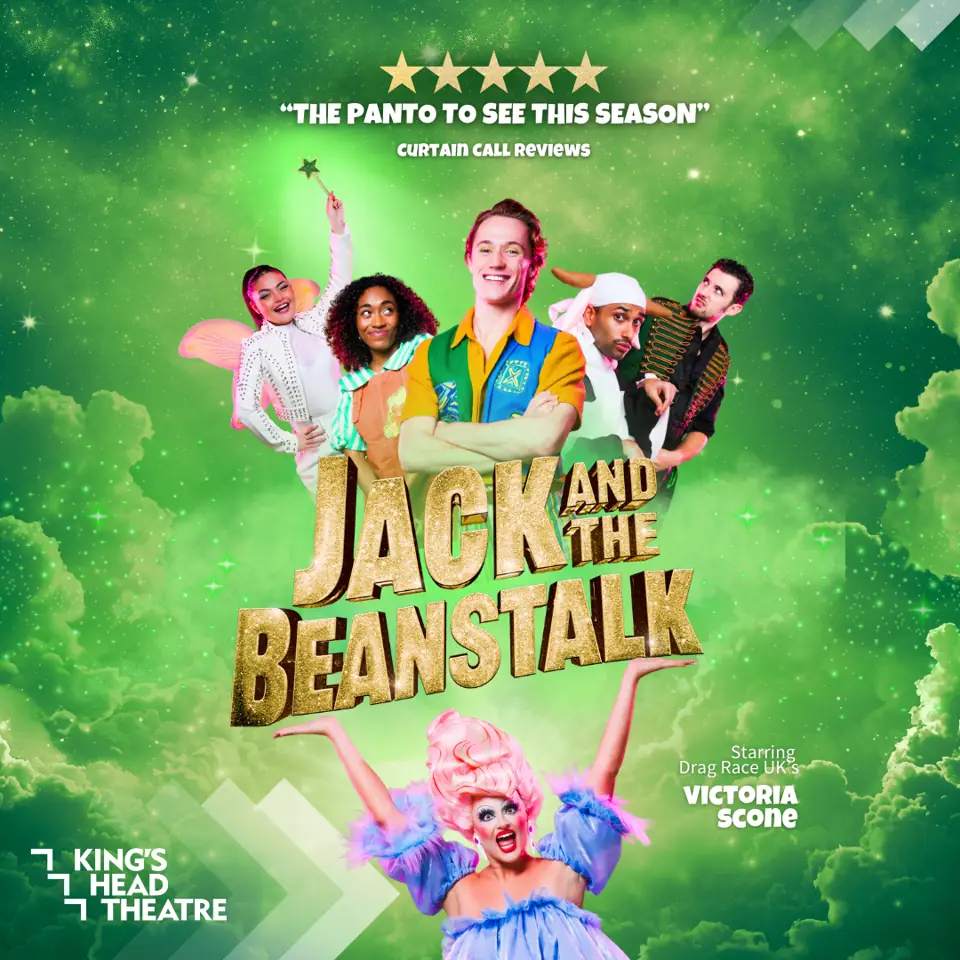Five performers in colourful costumes in Jack and The Beanstalk at the Hackney Empire