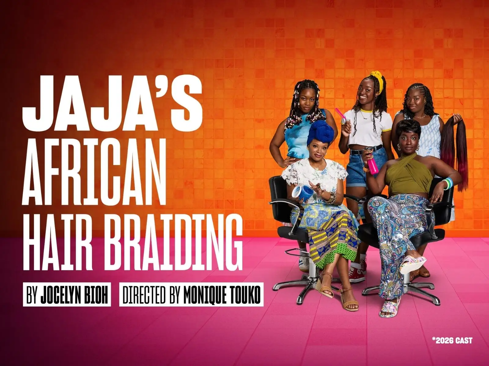 Five women and girls sitting together in Jaja's African Hair Braiding at the Lyric Hammersmith