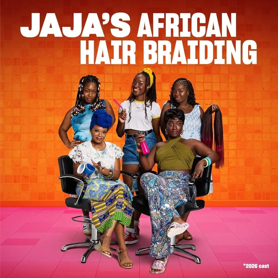 Five women in a salon setting in Jaja's African Hair Braiding at the Lyric Hammersmith