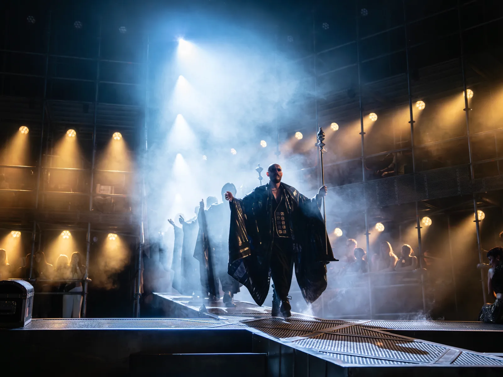 Bob Harms as Caiaphas leads the priests in Jesus Christ Superstar, Drury Lane