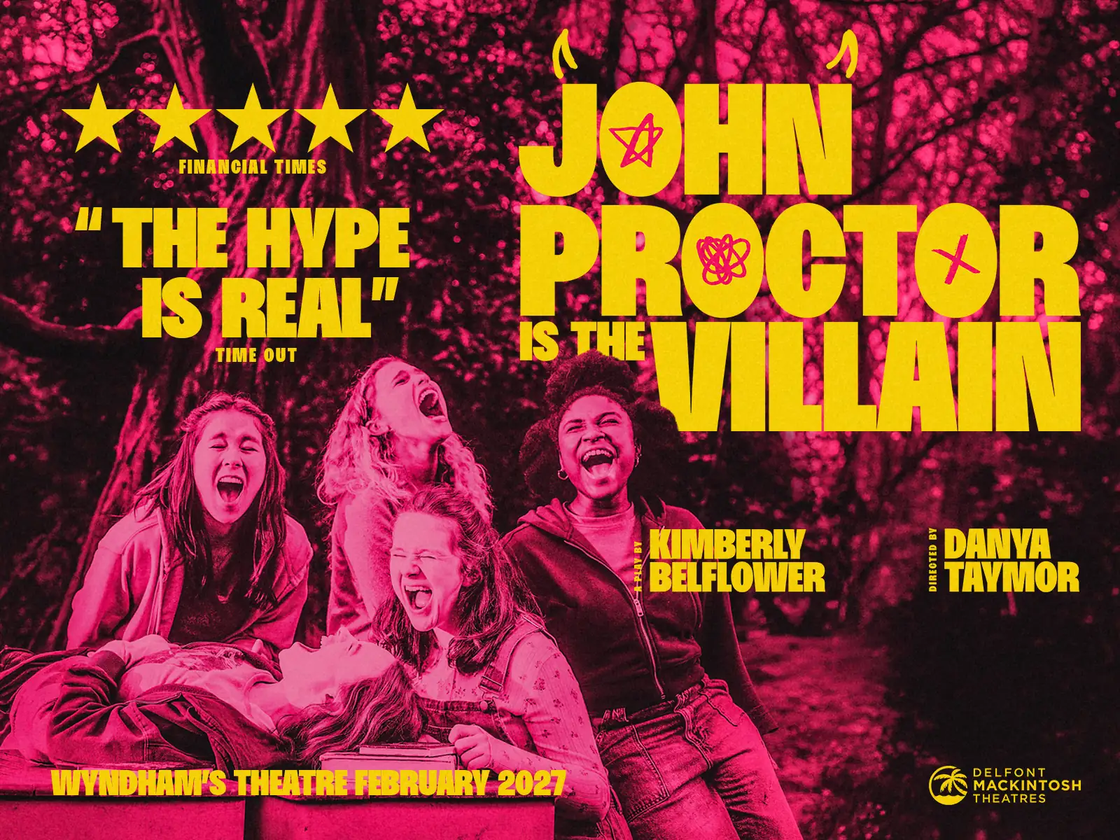Four laughing performers against pink background in John Proctor is the Villain at Wyndham's Theatre