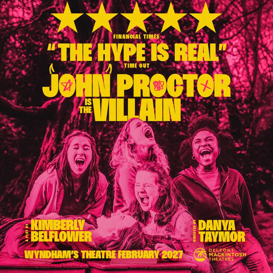 Four young performers laughing in John Proctor is the Villain at Wyndham's Theatre
