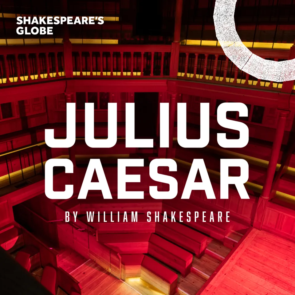 Julius Caesar at Shakespeare's Globe, London. Interior of the red-painted Globe theatre auditorium.