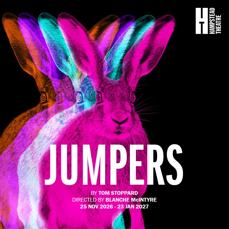 Neon-coloured artwork of a hare with multiple overlapping heads in Jumpers at the Hampstead Theatre