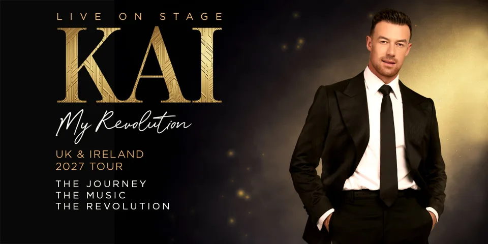Kai - My Revolution poster: a man in a black suit on gold, Adelphi Theatre