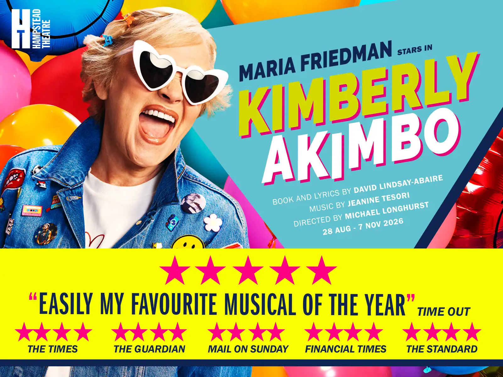 Maria Friedman in heart-shaped sunglasses and denim jacket for Kimberly Akimbo at the Hampstead Theatre.