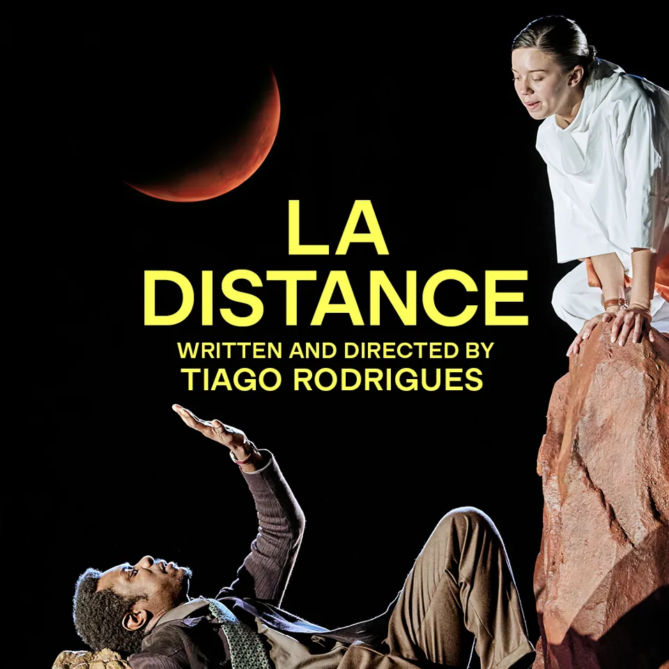 Two performers on rocky stage in La Distance at the Young Vic (Main House)