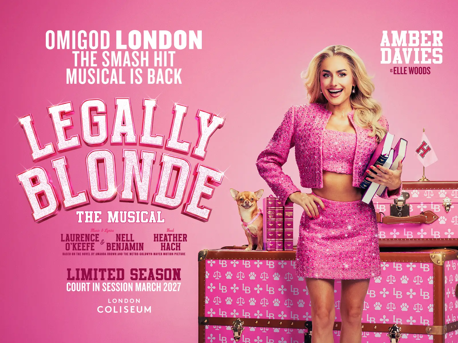 Amber Davies as Elle Woods holds law books and chihuahua in Legally Blonde at London Coliseum