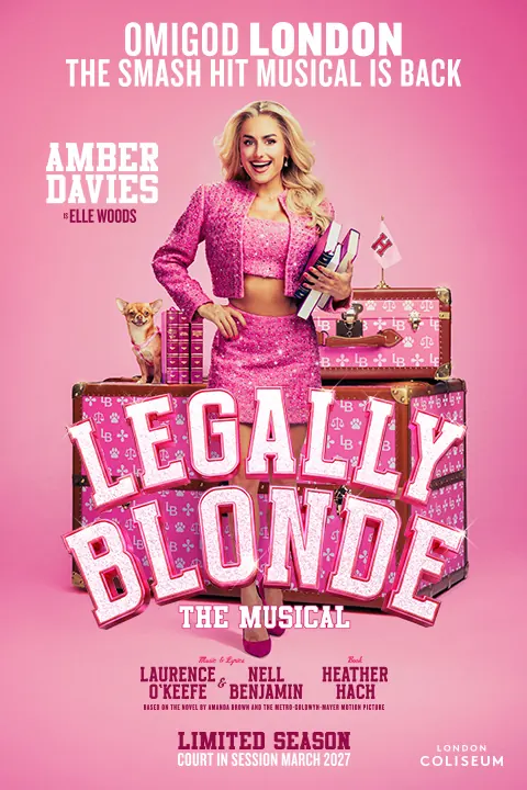 Woman in pink outfit surrounded by pink luggage in Legally Blonde at London Coliseum