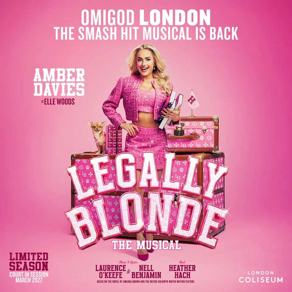 Woman in pink sequinned suit holding shopping bags in Legally Blonde at London Coliseum