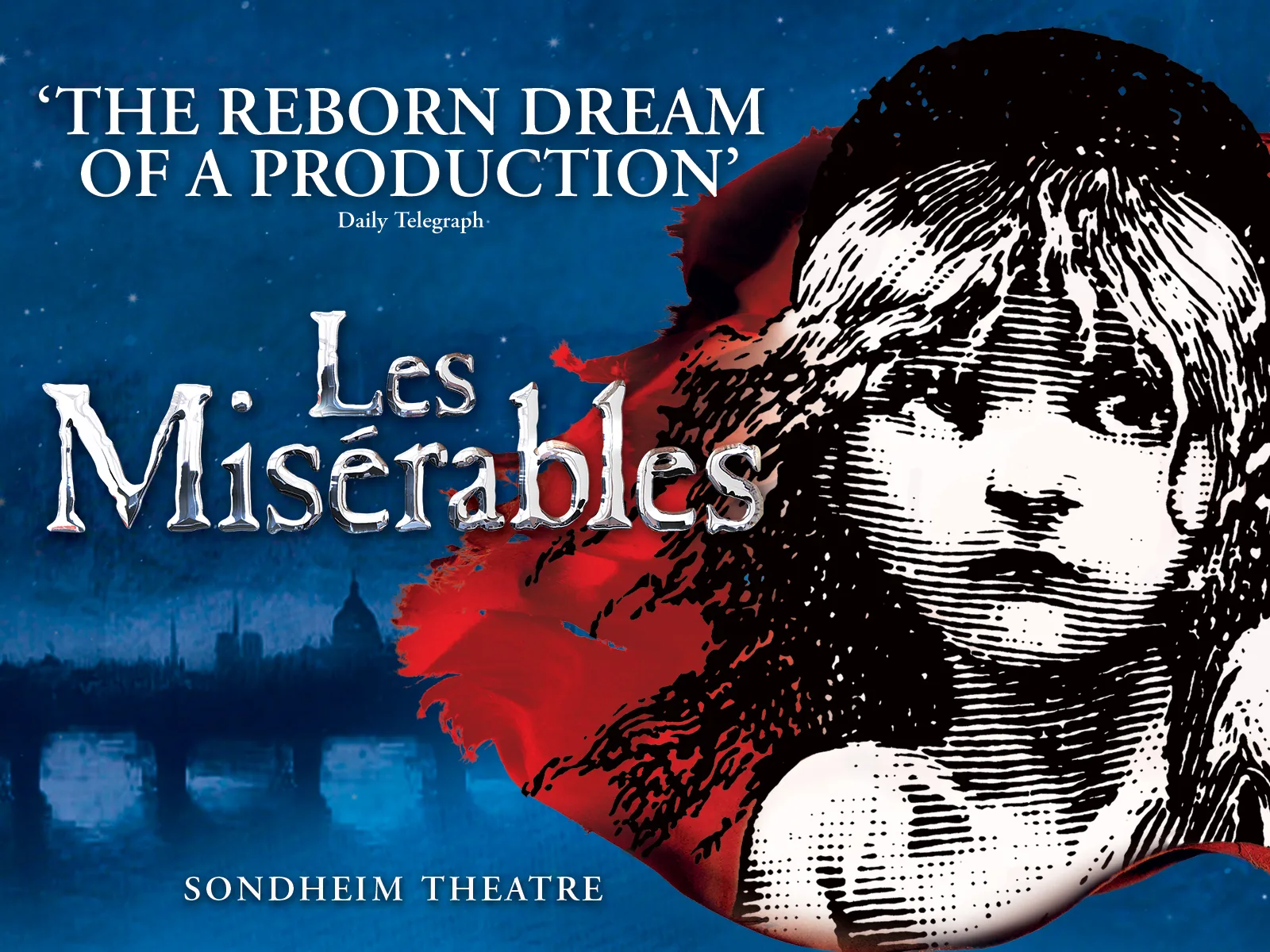 Les Misérables artwork: the drawn face of young Cosette beside the title, Sondheim Theatre
