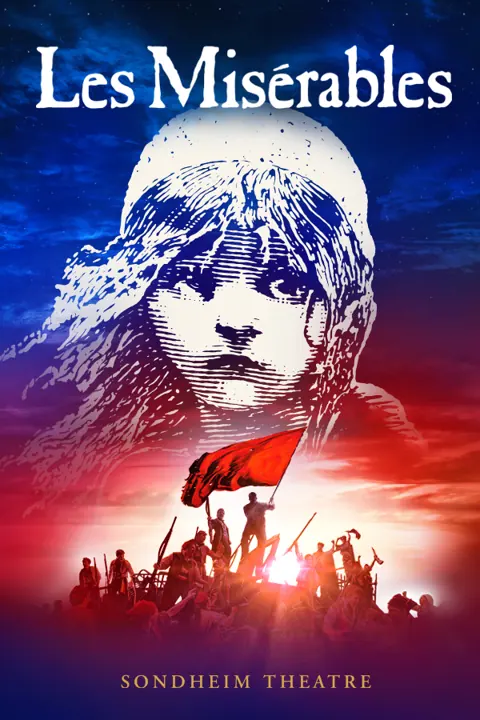 The Les Misérables poster: a young girl above a red-flag barricade, Sondheim Theatre