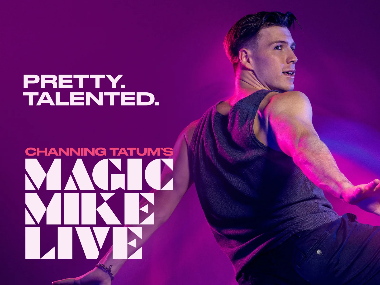 A dancer in a vest twists against purple: Magic Mike Live, Hippodrome Casino
