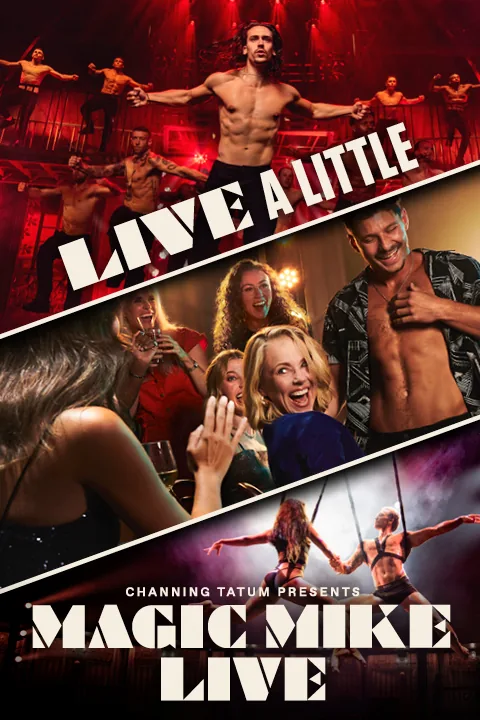 Three-panel Magic Mike Live poster: shirtless dancers, a cheering audience and aerialists, Hippodrome Casino