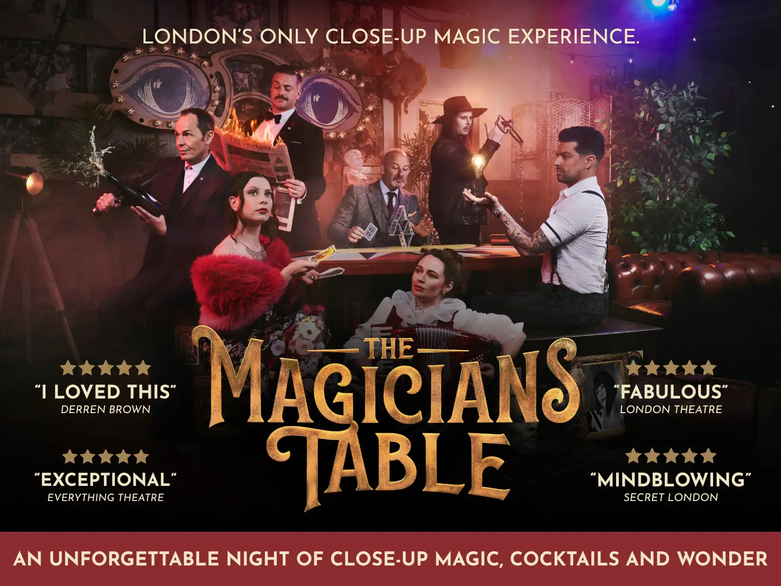 Magicians performing close-up magic in The Magicians Table at the The Vaults Theatre