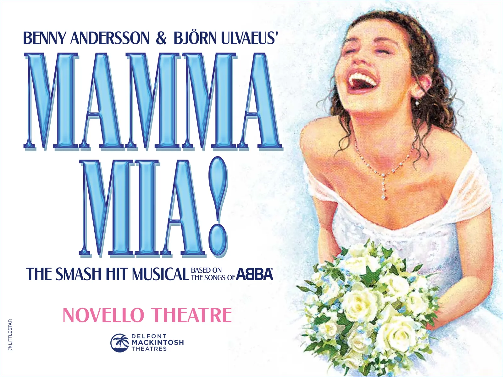 Wide artwork with the Mamma Mia! logo, Novello Theatre