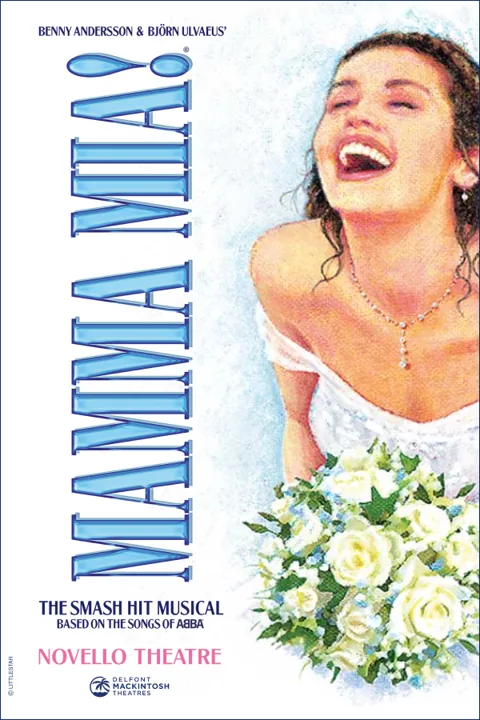 The Mamma Mia! logo poster for the Novello Theatre