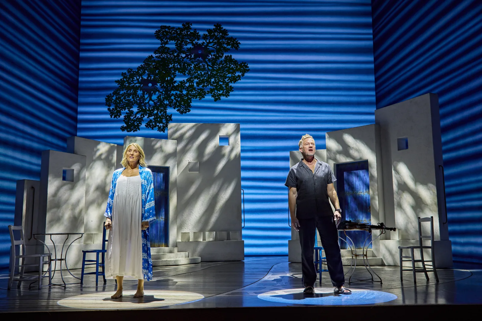 Sara Poyzer as Donna and Richard Standing as Sam in two spotlights, Mamma Mia!, Novello
