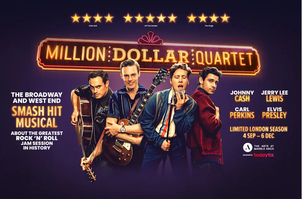 The neon Million Dollar Quartet logo above four musicians, The Arts at Marble Arch