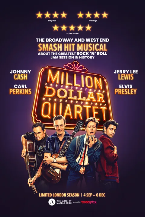 Four musicians under the neon Million Dollar Quartet sign, The Arts at Marble Arch