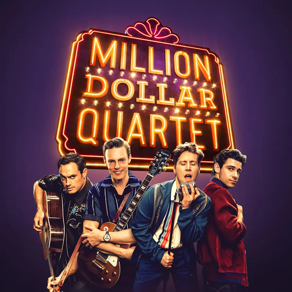 The neon Million Dollar Quartet logo above four musicians, The Arts at Marble Arch