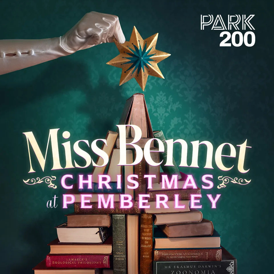 Christmas tree made of classic books in Miss Bennet at the Park Theatre
