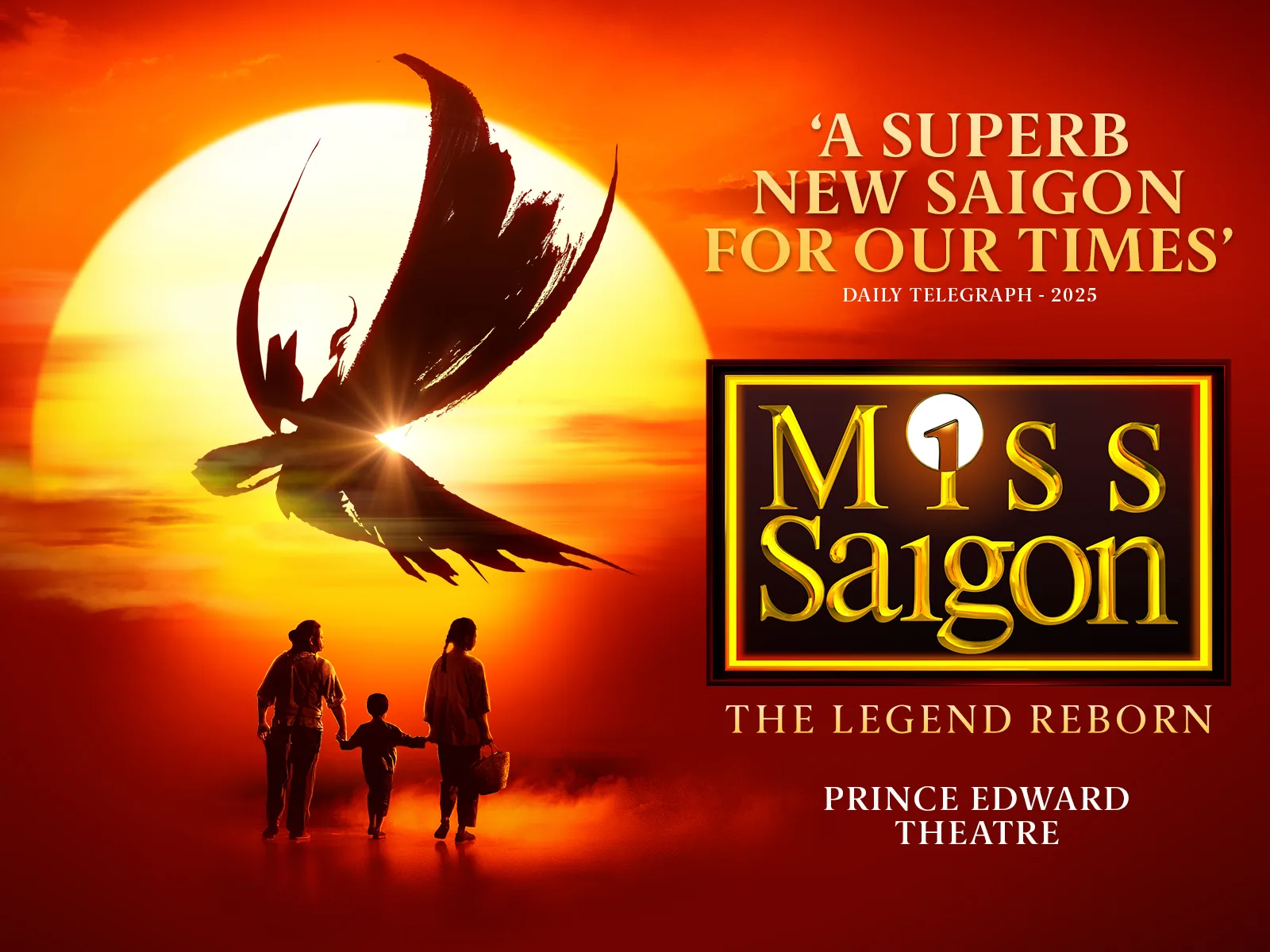 Wide artwork with the helicopter Miss Saigon logo, Prince Edward Theatre