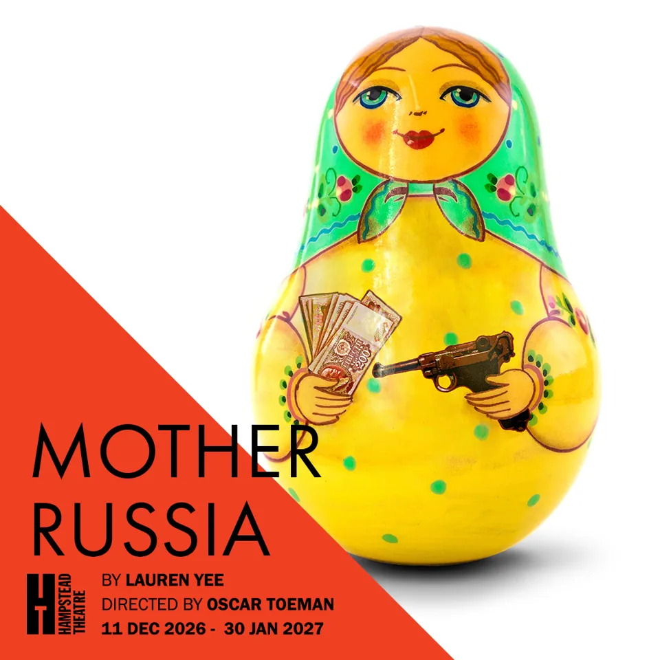 Yellow Russian nesting doll holding cash and gun in Mother Russia at the Hampstead Theatre