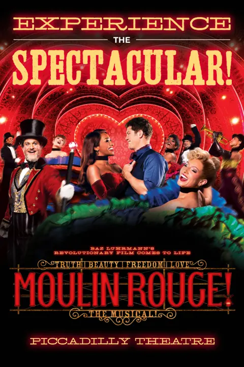 Moulin Rouge! The Musical poster: lovers embrace before a red neon heart, Piccadilly Theatre