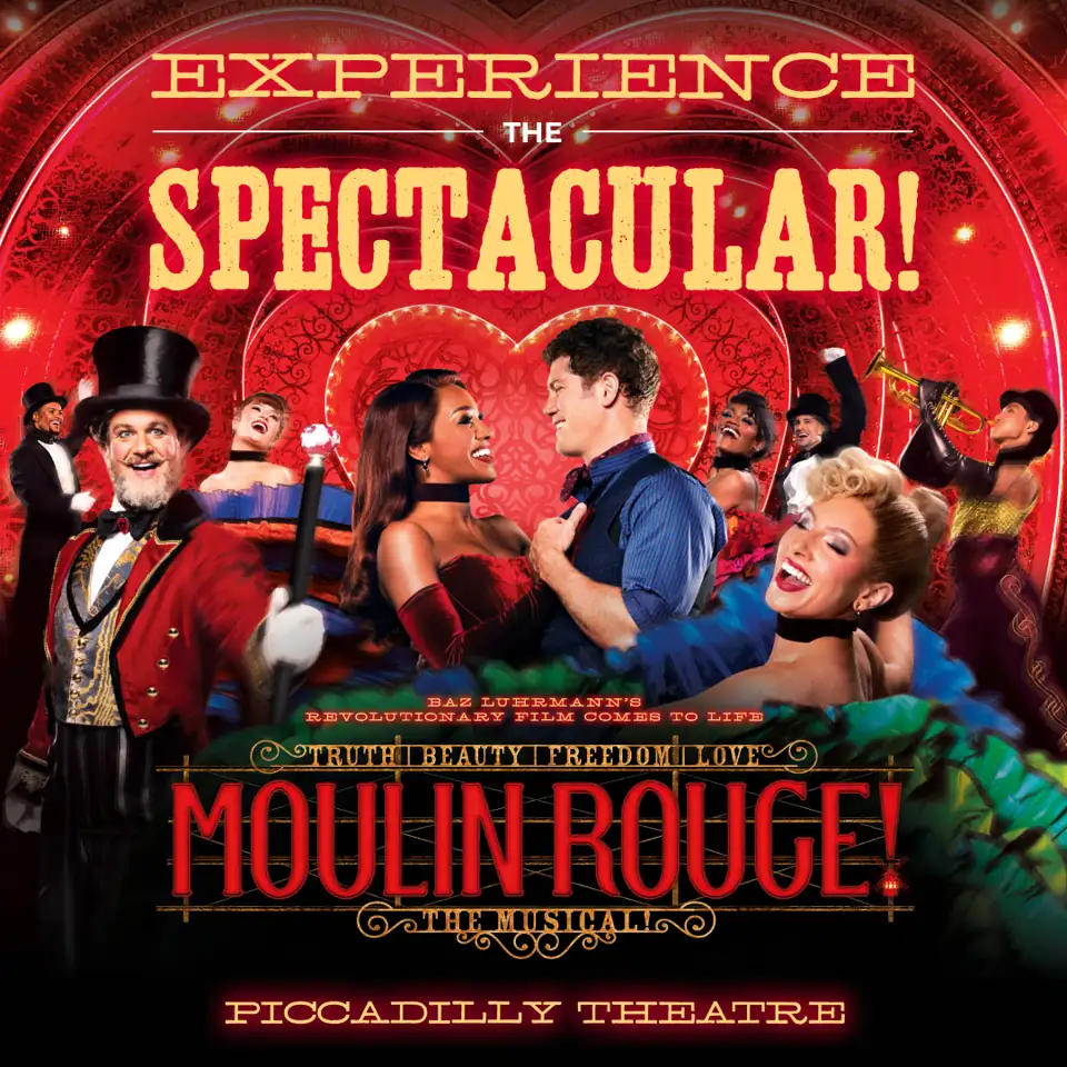 Square Moulin Rouge! The Musical poster, cast and red neon heart, Piccadilly Theatre