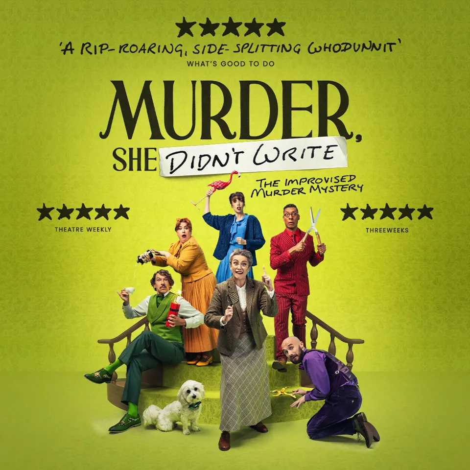 Seven performers in bright costumes in Murder, She Didn't Write at the Duchess Theatre