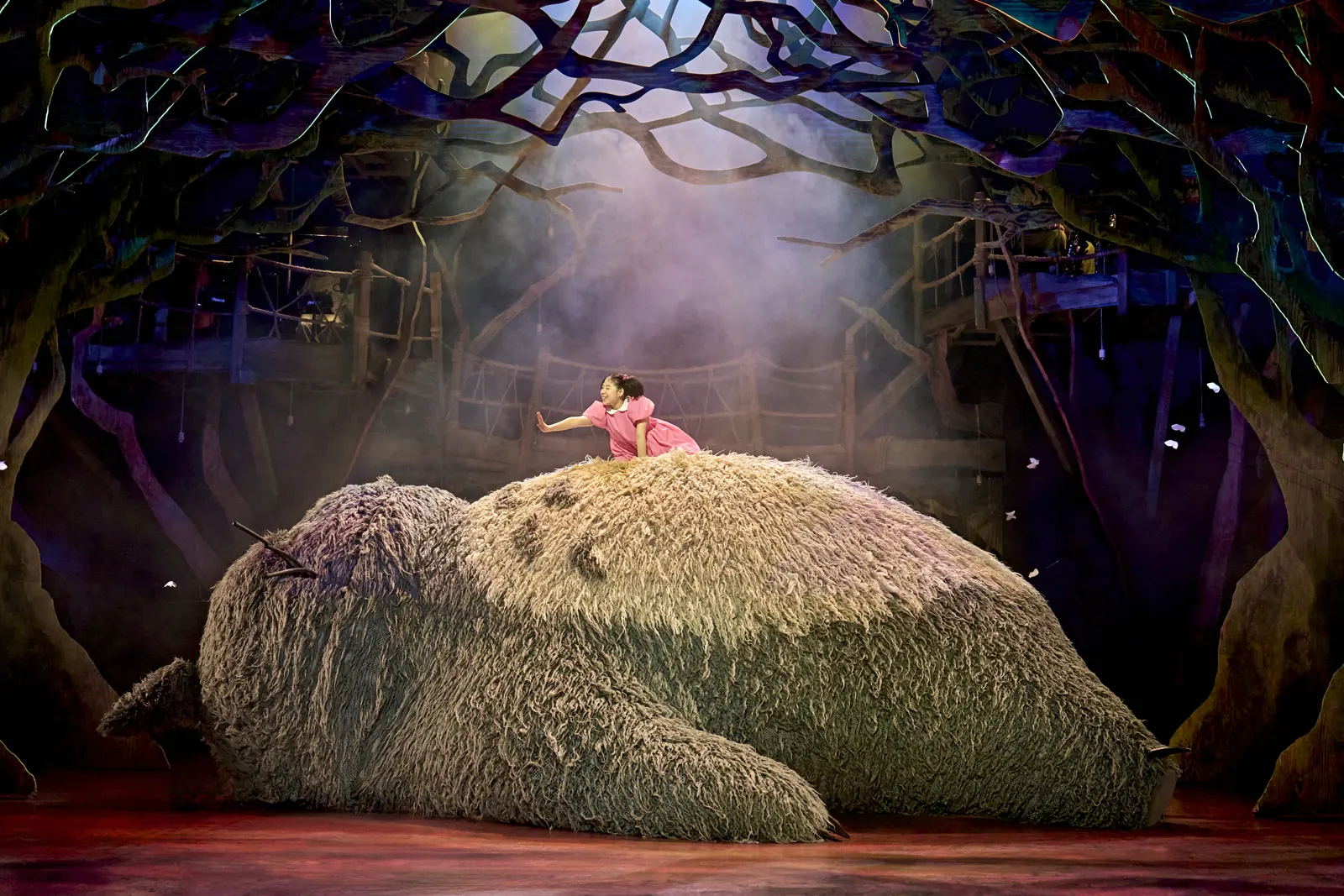 Mei climbs onto the sleeping Totoro in the forest, My Neighbour Totoro, Gillian Lynne Theatre