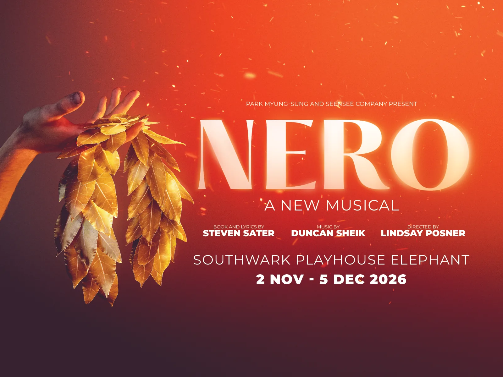Nero logo with golden feathered torch against red background. the Southwark Playhouse Elephant, London.