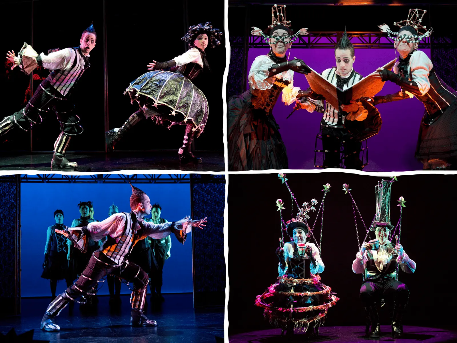 Colourful circus performers in fantastical costumes on stage for Nevermore at the Charing Cross Theatre.