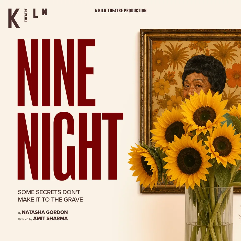 Bold red title with sunflowers and framed painting in Nine Night at the Kiln Theatre