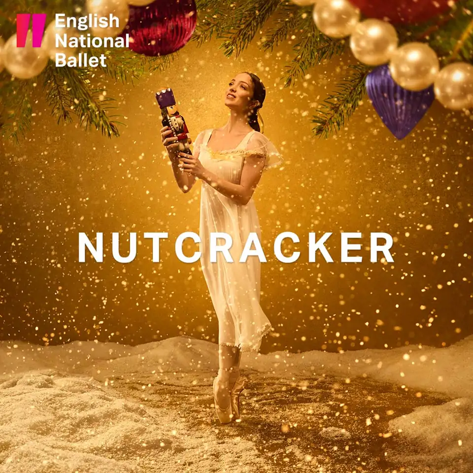 Square Nutcracker poster: a dancer en pointe with the Nutcracker doll, London Coliseum