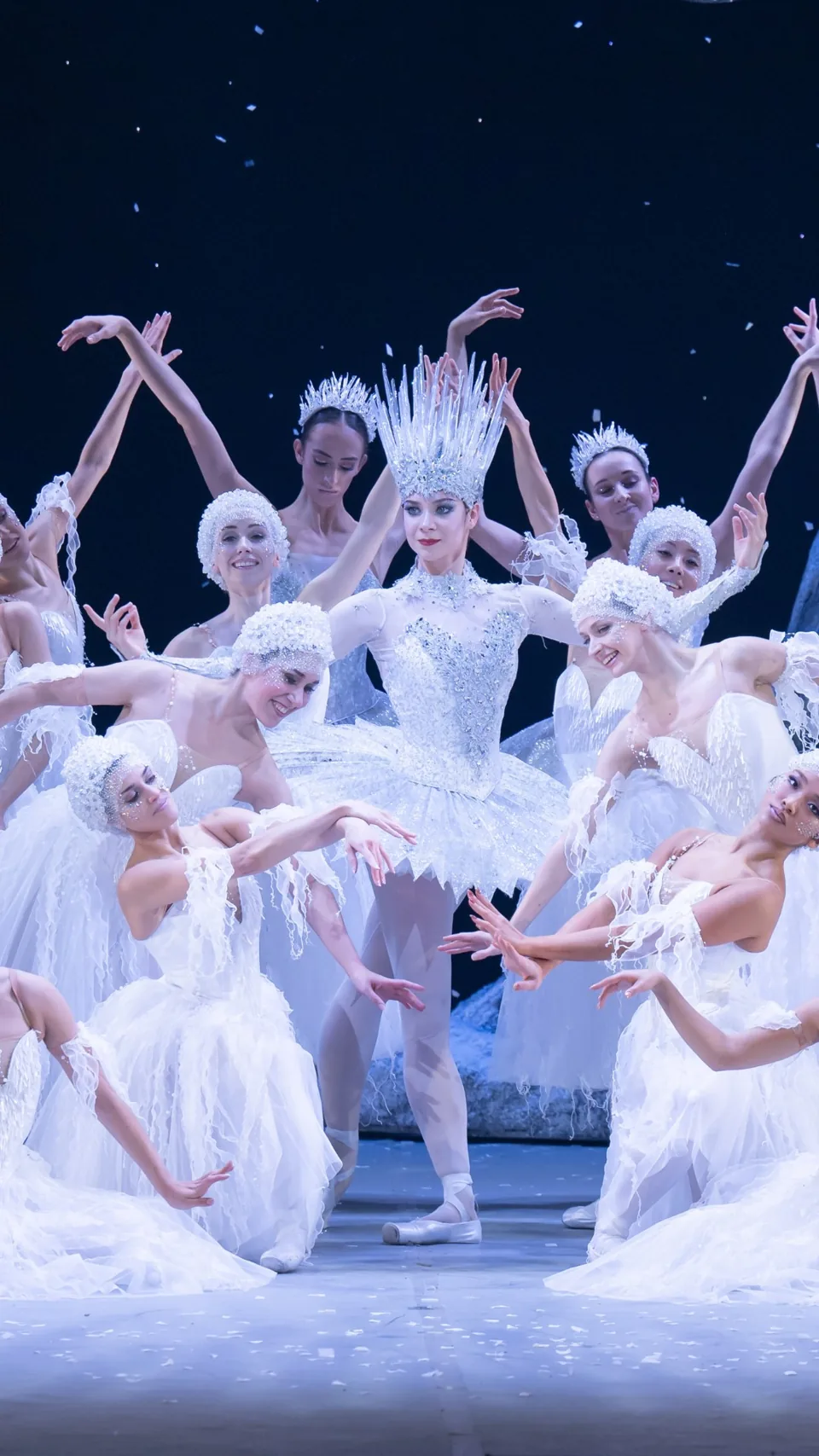 The Ice Queen and dancers in white tutus in Nutcracker at the London Coliseum