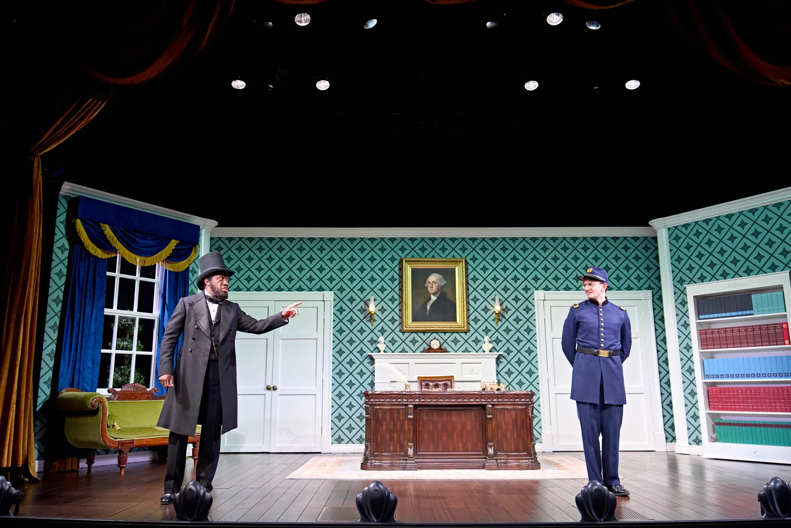 A man in a top hat faces a uniformed guard in Oh, Mary!, Trafalgar Theatre
