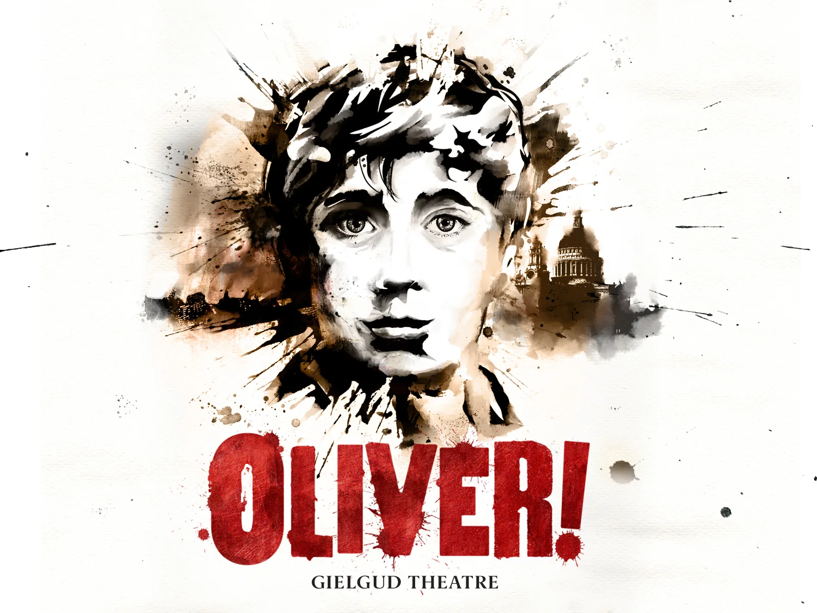 The ink-splashed boy's face of the Oliver! logo above red lettering, Gielgud Theatre